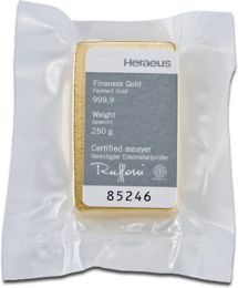 250 gram Heraeus Gold Bar in Blister back