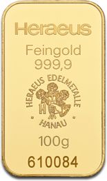 100 Gramm Goldbarren | Heraeus mit Zertifikat