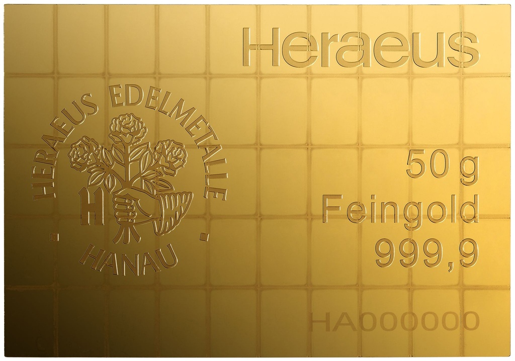 50 x 1g Gold Tafelbarren Heraeus mit Zertifikat